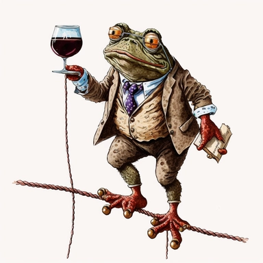 studious toad wearing glasses is walking high on a tightrope with red wine in his hands, vintage, funny, white background, clipart, no shadows, caricature
