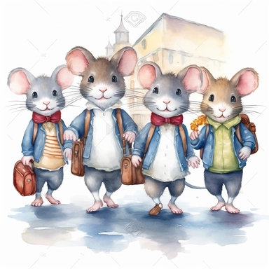 a group of happy school mouse walking on the street with school bags and school uniforms, detailed, watercolor, white background, clipart