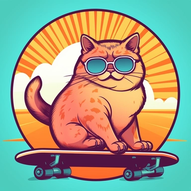 fat chubby cat with sunglasses on a skateboard, funny, very funny, clipart with crisp lines and tropical background