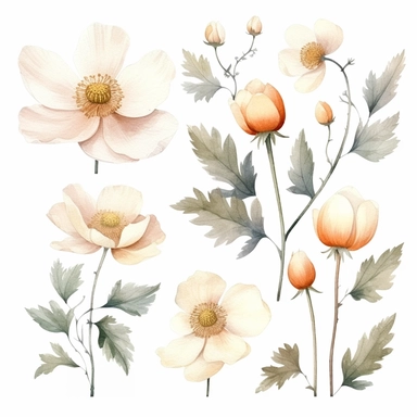 Watercolour clipart white color variations, burnet rose blossom, vintage effect, high quality, soft and muted colours, bright white background, 8k, f1