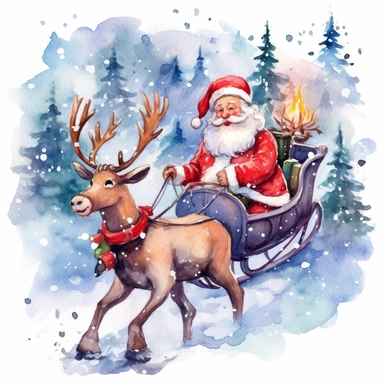 Clipart on blue backgraund cute red Santa Claus with red big gifts rides in a sleigh pulled by a reindeer in a snowy green forest painting water color