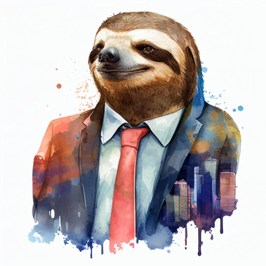 sloth as business man with a satisfied face expression in a business city, expresionist style, watercolor clipart