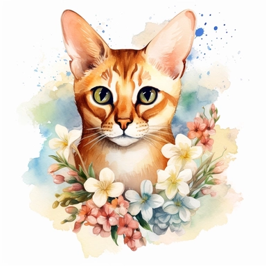 Chausie Cat with flowers, watercolor, sharp illustration clipart, insane detail, white background