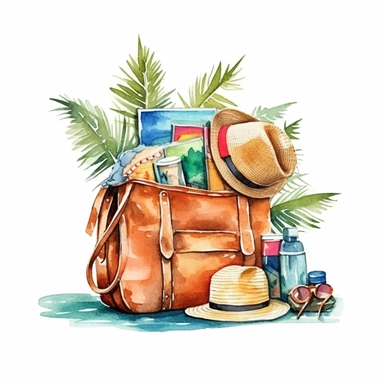 watercolor clipart of a stylish beach bag filled with essentials for a tropical getaway, brushstrokes, white background