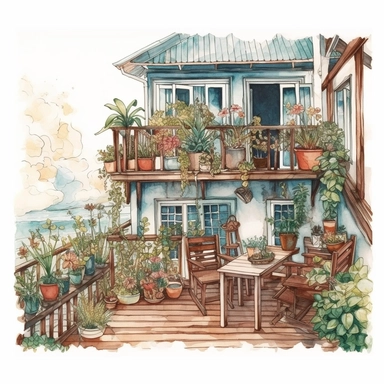 watercolor, hyper realistic, white background, white margins, 16k, ultra detailed clipart, cut out image, hand-drawn, whimsical manhwa style, ultra HD, sharp and clean art A cozy balcony with a small wooden table and chairs, surrounded by potted plants and blooming flowers, overlooking a garden.
