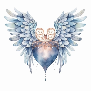 Unique vintage wedding heart with light toned wings clipart, in the watercolor style on a white background, by lisa audit -