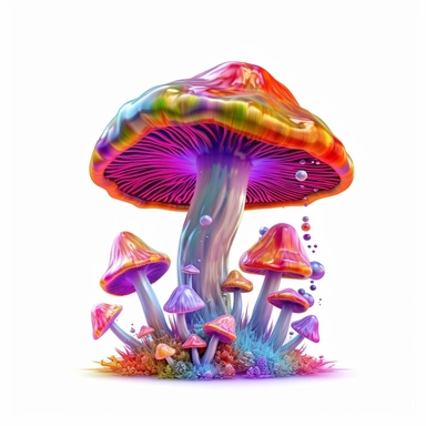clipart mushroom, Psychedelic art, Acid Art, high resolution, neon rainbow colored, white background