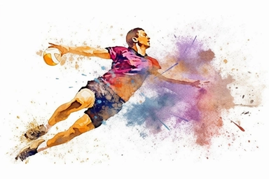 Watercolor, Generate an image of a volleyball player diving to make a dig clipart, hd, on a white background, spaced out