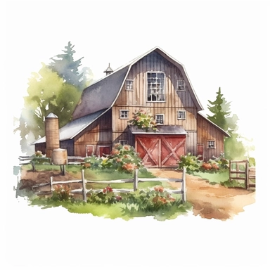 farm barn, a building made of typical American white wood, lots of plants, trees behind the building, watercolor, clipart, realistic