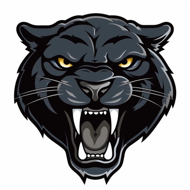 2d, flat, sports team logo style, clipart, front of face, panther, black with teeth, white background, no highlights, not a tiger