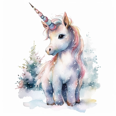 baby cute unicorn, watercolor, clipart, playing in the snow