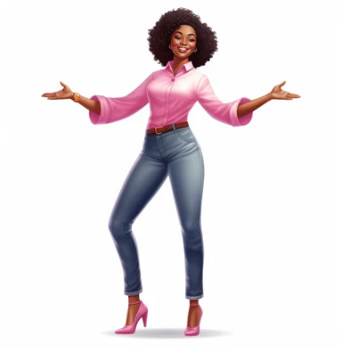 full body shot of smiling African American Black Girl Magic boss lady vector clipart vector illustration with transparent background, in the style of light indigo and light crimson, photo-realistic hyperbole, cluj school, transparent/translucent medium, detailed crowd scenes, light pink and light emerald, dark brown and white