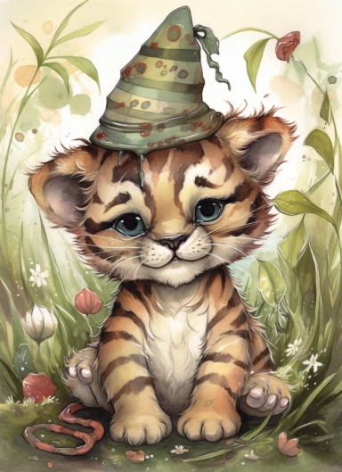 clipart,a cute little tiger in a field with a party hat on its head and a bandana on its neck,in the style of jody bergsma, 32k uhd, hand-painted details, charming character illustrations, dark brown and light beige,red/green, aquarellist, hd , white background clipart