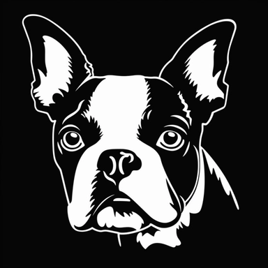 the image of a white Boston Terrier on black is shown, in the style of stencil art, heavy outlines, flickr, hard edge, sculpted, woodcut, clipart cut file cuttable cricut vector
