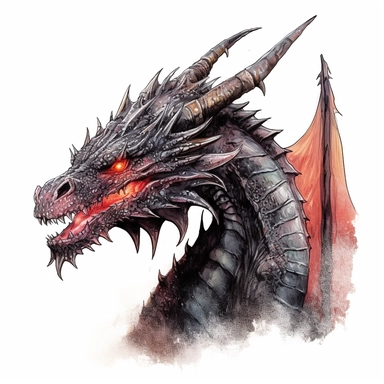 stuningly beautifull dangerous expressive looking black and red fire dragon WITH HIGH DETAILED EYES with a fixing stare ana a curved realy long extended neck looking in the camera with wind howling around its body , shimmering dust , magical glow, clipart, fantasy clipart watercolor fairytale dragon art watercolor art in front of a hills highly detailed uplight 8k in front of white background , WHITE BACKGROUND