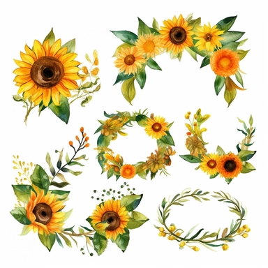 Create a collection of digital watercolor clipart featuring sunflower borders in various shapes, isolated on a white background. The sunflowers should be intricately designed, showcasing a harmonious blend of vibrant yellow petals, deep brown centers, and green leaves. Design the borders in different shapes such as circles, squares, rectangles, and ovals, with sunflowers arranged along the edges to create a visually appealing frame. Ensure that the sunflower borders are easily distinguishable fr