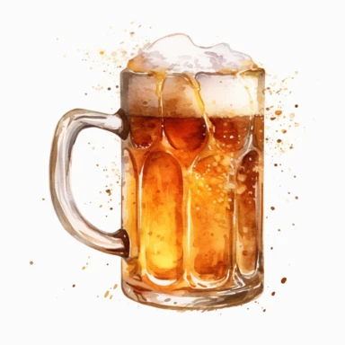 High resolution, wooden beer mug with froth spilling out of it, watercolor clipart, white background for removing background
