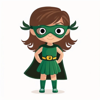 full body image of a cute, happy, smiling little girl with brown hair in realistic cartoon style, hands on hips, looking forward with a black superhero eye mask and in a green dress, in clipart style
