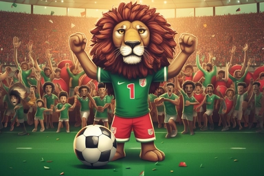 lion atlas, national football team celebrating, cartoon, world cup 2030, clipart, background of stadium full of supporters, red and green, moroccan flag, detailed, ultra HD, charismatic, creative,detailed faces, ultrarealistic, passion, one lion holding a ball, many lions behind him celebrating ,fierce,
