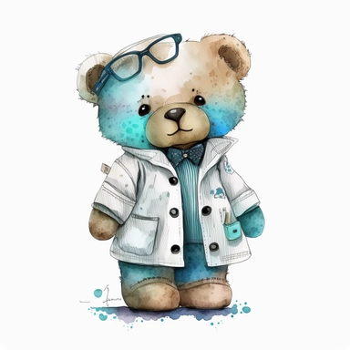 Cute blue teddy as a doctor in a white coat, handpainted, clipart, white background