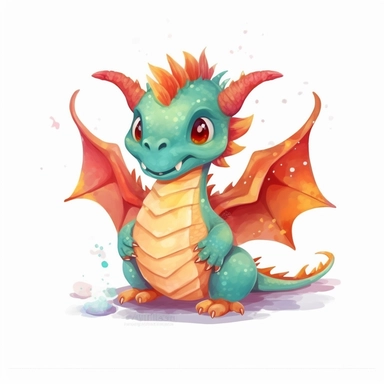 watercolor dragon christmas character clipart on white background, flat design, watercolor bright high resolution