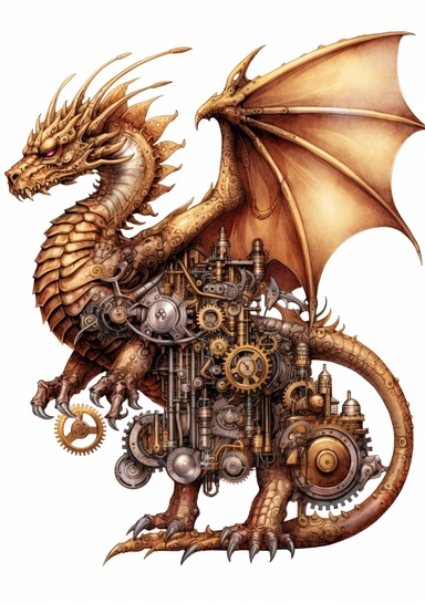 Steampunk Dragons Clipart, high quality, lots of details, white background, full body, hyper quality - 8K, white background