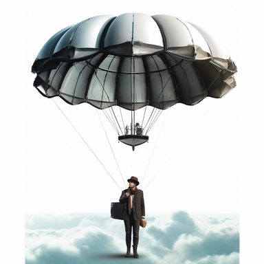 A digital pre-cropped clipart of an intelligent flying umbrella that not only shields you from rain but also harnesses wind power to propel you through the sky
