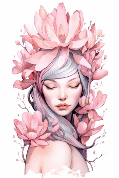 giant line art botanical retro pink magnolia head illustration in anime watercolor style clipart, isolated, soft colors, feminine, on white background