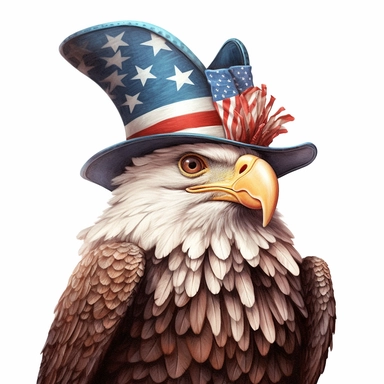 digital clipart, solid white background, a realistic bald patriotic eagle wearing 4th July apparel