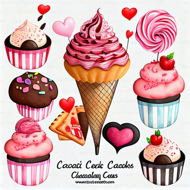 valentines day treats, cupcakes, chocolate candy, ice cream soda, cakes and cookies clipart set, hand-drawn,