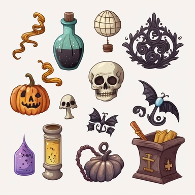 random halloween items. generate new ideas each time. some cartoonish design and some watercolor. and some of both. white background. no tags. CLIPART!!