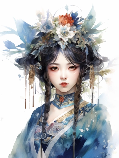A confident girl with rich facial expressions, teary-eyed，Chinoiserie, Watercolor painting, rich colors, clean background, clipart png, photorealistic, watercolor, digital painting, WHITE BACKGROUND, fantasy style, realistic, painting, 8k, ultra details,
