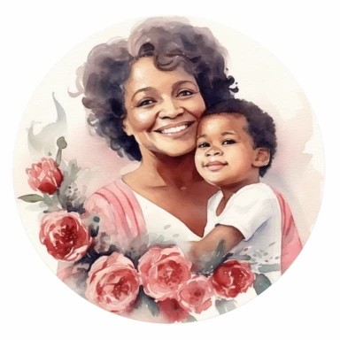 cute watercolor clipart with dark skinned older mom and adult childrens hugging echother in circle, beautiful, hight quality, pastel colors, white background, decorated with red roses