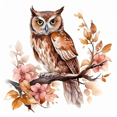 floral brown owl sitting on a branch clipart, watercolor technique, 8k detailed digital art, bright, colorful, soft lightning, sharp clear focus, detailed, sharp, on a white background