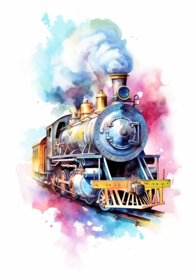 Pastel train, big beautiful locomotive, bursting with steam, Steampunk Clipart, Printable Watercolor, Retro Futuristic, Victorian Era Art Print, colorful, details, high quality 8K, white background