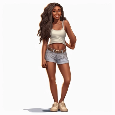 beautiful black teenage girl with beautiful long hair to her waist, dressed casually. Full perspective and, long shot A young black woman with full lips and a big beautiful smile, dressed in khaki shorts and a tank top, has long hair and beautiful shapely legs, wearing heels, clipart in the style of digital airbrushing, feminine sticker art, dollcore, realistic face, realistic body, glamorous,