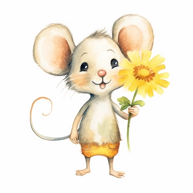 one happy mouse holding a yellow flower Watercolor clipart on a white background, in the style of 32k uhd, mural painting, aurorapunk, delicate shading, wimmelbilder, lit kid, oshare kei, no watermark, text, words, paintbrush, 300 DPI , typography, the images do not stick together, no text in the picture