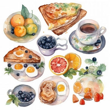 watercolor clipart of food for breakfast , white background, beautiful details 8k