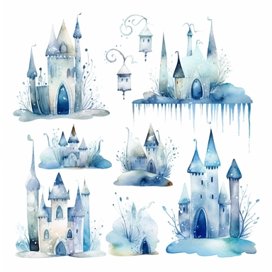 Clipart watercolor, newborn , icy blue colours theme: frozen inspired ice castles, snow flakes, snow man, seperate drawings on a white background with a margin, drawing with watercolors, cute for kids room, minimalistic, adorable, shabby chic ,baby nursery | ar: 16x9