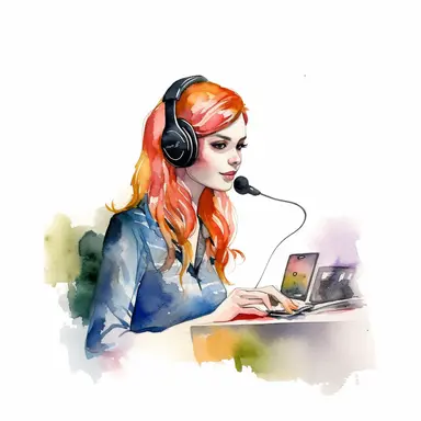 ecommerce watercolor clipart. Customer service agent sitting at desk.hd. on white background space out.--ar 3:2
