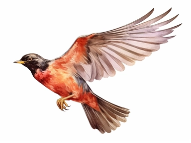 Redwing flying Watercolor isolated on white background, Watercolor Clipart painting, high quality, HD, children's book illustrations, realistic lifelike figures, white background