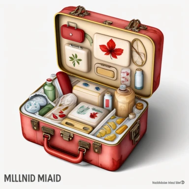 first aid kit, realistic and watercolor, clipart, medical supplies, open red, suitcase, first aid kit, png full body realistic cartoon in 32K UHD cute, 15 cm thick outline, no shadow on the ground, realistic watercolors and detailed illustrations, png clipart, white background