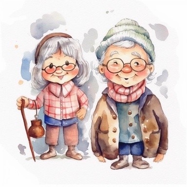 cute adorable happy grandparents, clear white background, handrawn watercolor graphic clipart, cute Children's Drawing, isolated