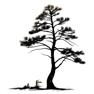 silhouette of tall thin spindley pine tree clip art style black on white background bold clean lines
