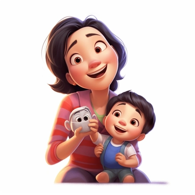 pixar style clipart, mom and 2 year old son, Chinese, white background