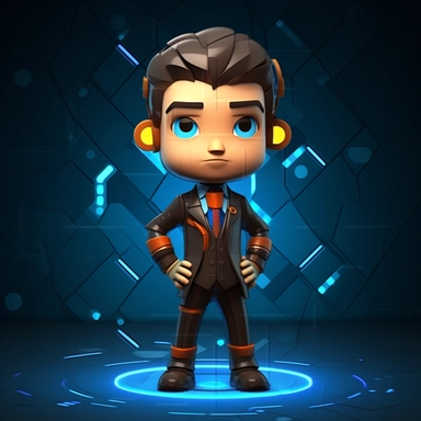 3d character of business man standing free 3d stock clip art, 3 head body,Chibi, in the style of digital neon, circular shapes, dark blue and brown, villagecore, mechanical designs, kintsugi, performance-oriented