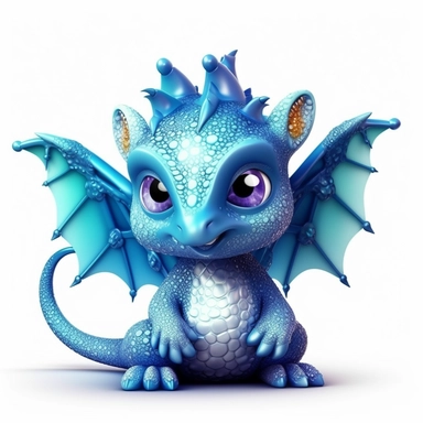 cute baby dragon with wings, clipart, fantasy, toy, neon psychedelic dark blue, glitter, 3D, white background