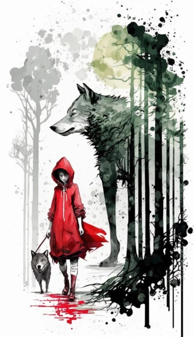 watercolor clipart, vector, little red riding hood and a gray wolf, forest by Asaf Hanuka red