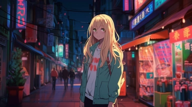An anime-style illustration of an 8-year-old girl with long, straight blonde hair standing on a bustling Tokyo street at night, bathed in neon lights. She wears a cute, modern outfit – a frilly skirt and a hoodie with kawaii graphics, and her eyes are large and expressive, a signature of anime characters. She holds a sparkly magical wand in her hand, indicating she might be a character with magical powers. Around her, spirits and magical creatures are subtly visible, blending in with the crowd a