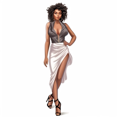 Create clipart sticker featuring white background a full-body runway pose, of a beautiful, black African-American girl confidently wearing stilettos, model wearing fashion designer clothes